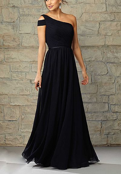 One Shoulder Ruched Black Chiffon Bridesmaid Dresses