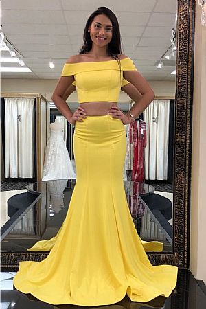 Two Pieces Yellow Satin Mermaid Evening Dresses
