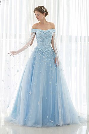 Light Blue Floral Beaded Cape Prom Dress