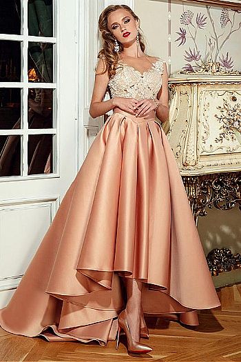 Pretty High Low Prom Dress with Appliqued Bodice & Pleats