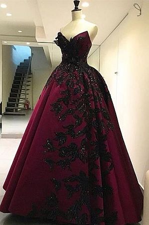 Burgundy Embroidered Satin Ball Gown Prom Dress
